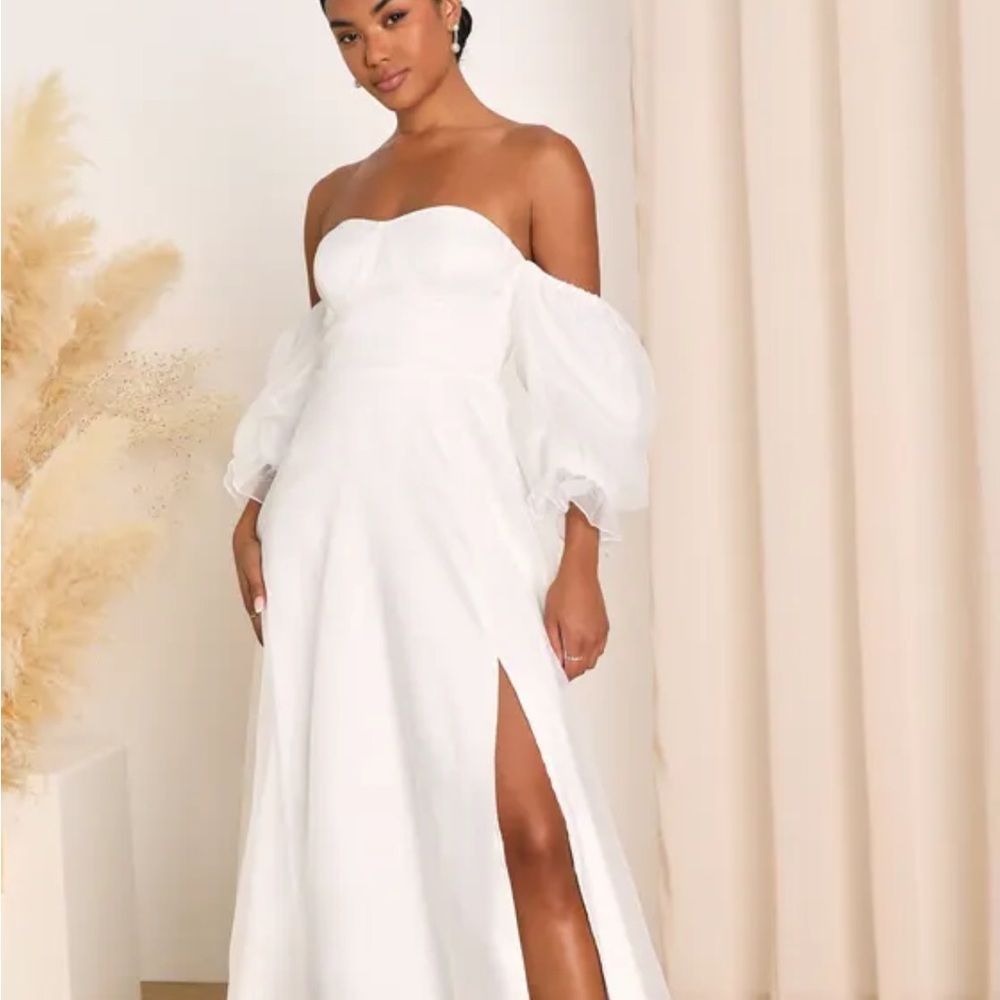 Lulu's White Off-Shoulder Bridal Gown with Slit